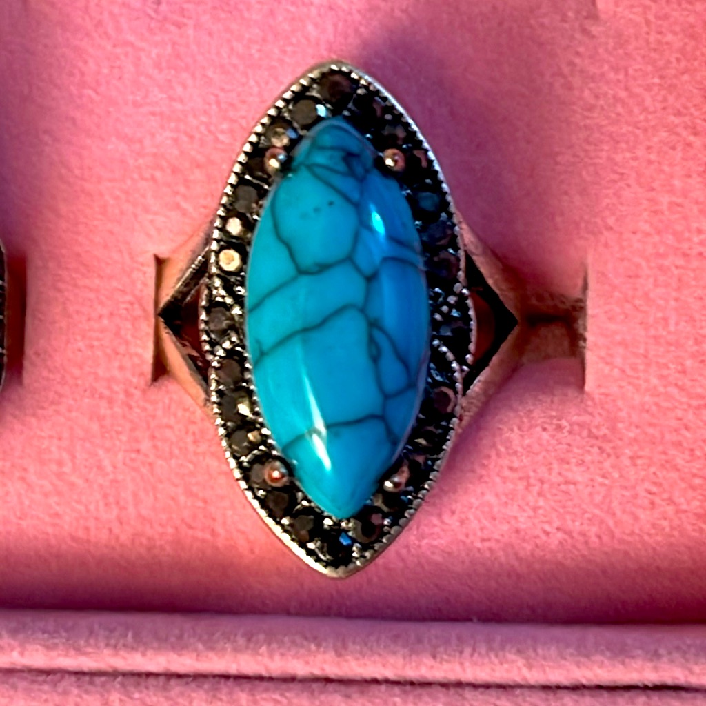 Turquoise Semi Precious Ring Marquisite Accent Stones